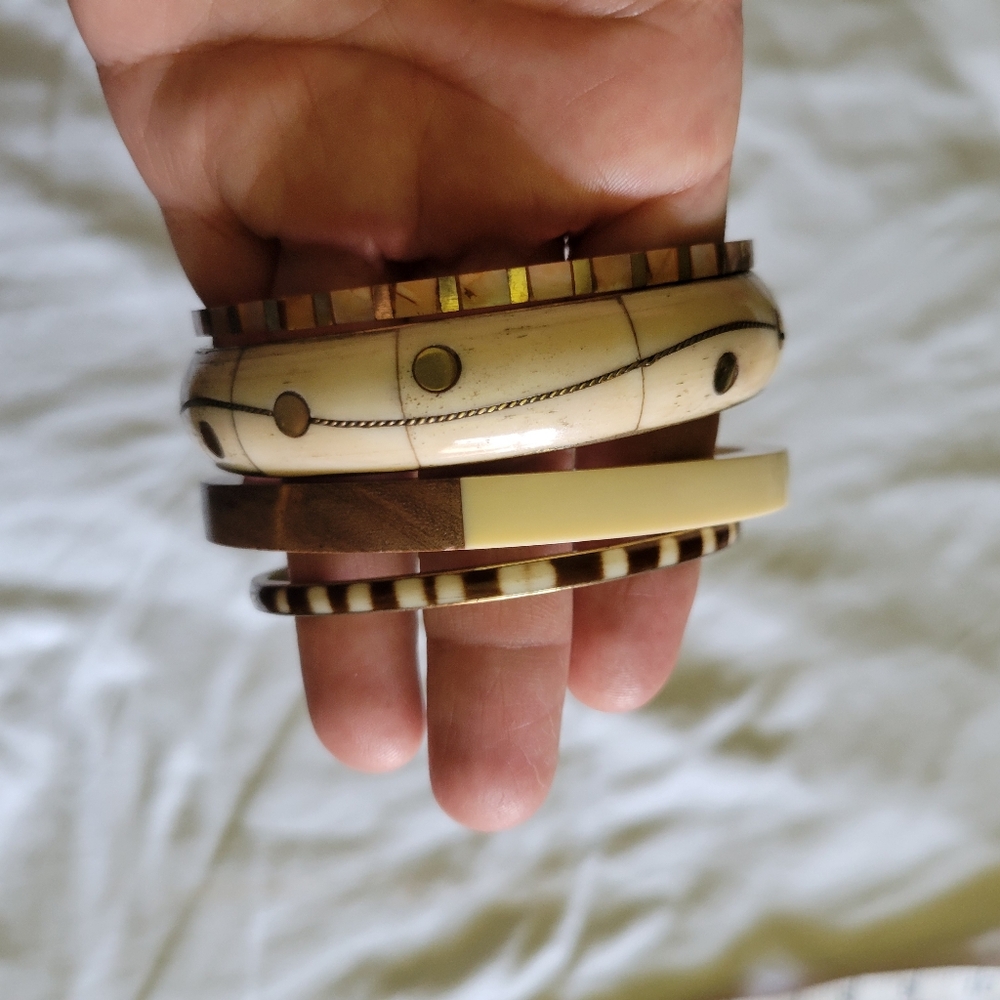 Bone, brass, wood and pink shell bracelet bundle